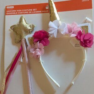 NWT Kids Pink Gold Unicorn Halloween Costume Flowers Headband Star Wand Michaels